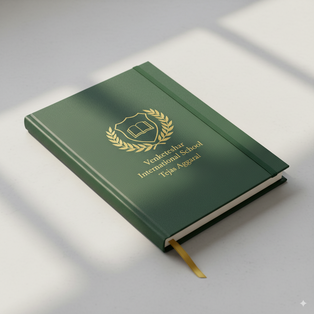 Bright yellow notebook with diagonal stripes and the name Kavya.