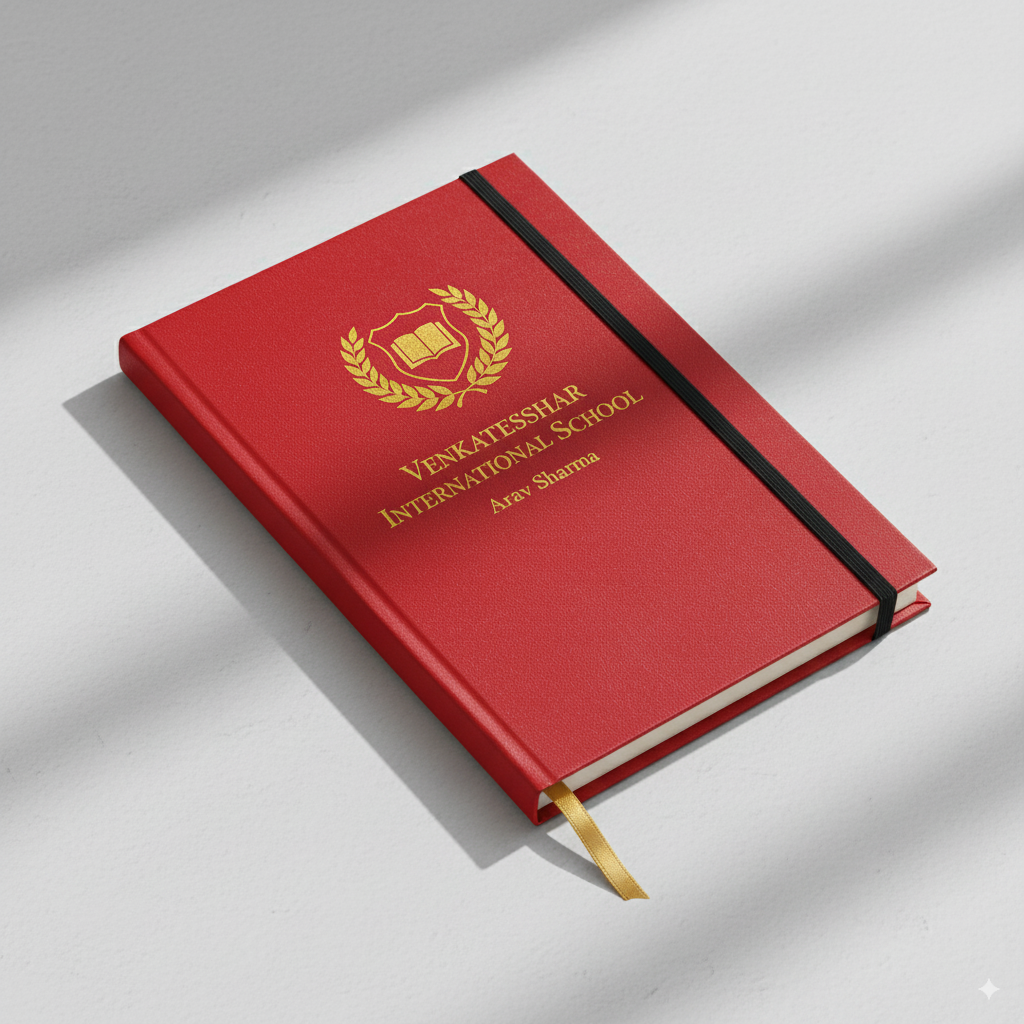 Deep teal notebook featuring a school crest and motto.