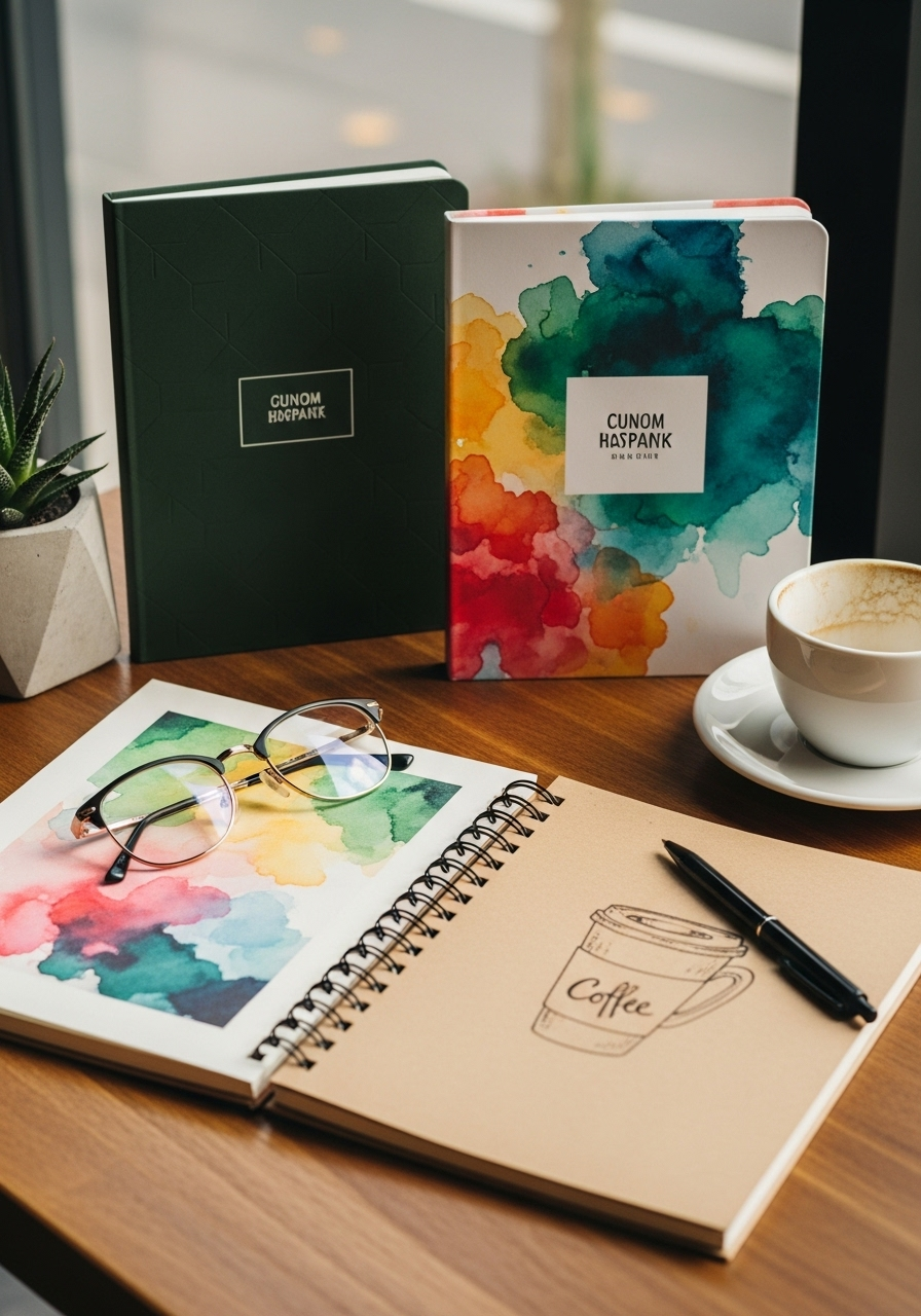 Stack of colorful customized notebooks with a name printed on the cover.