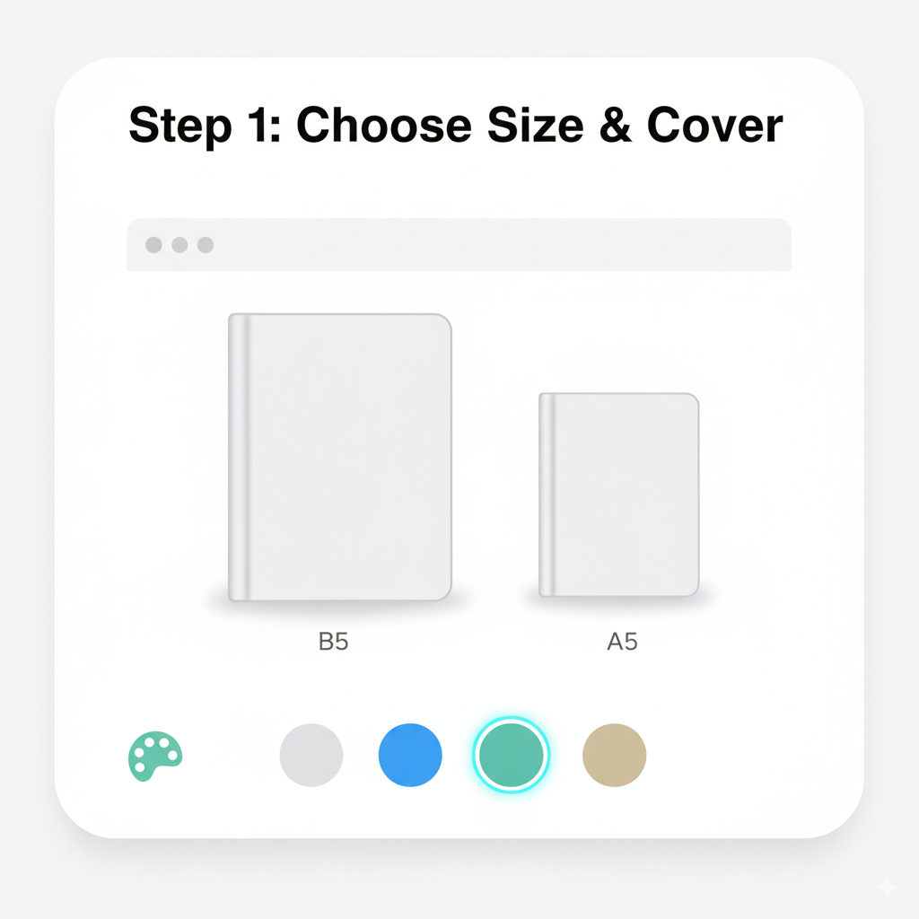 Notebook builder screen showing size, cover, and binding choices.